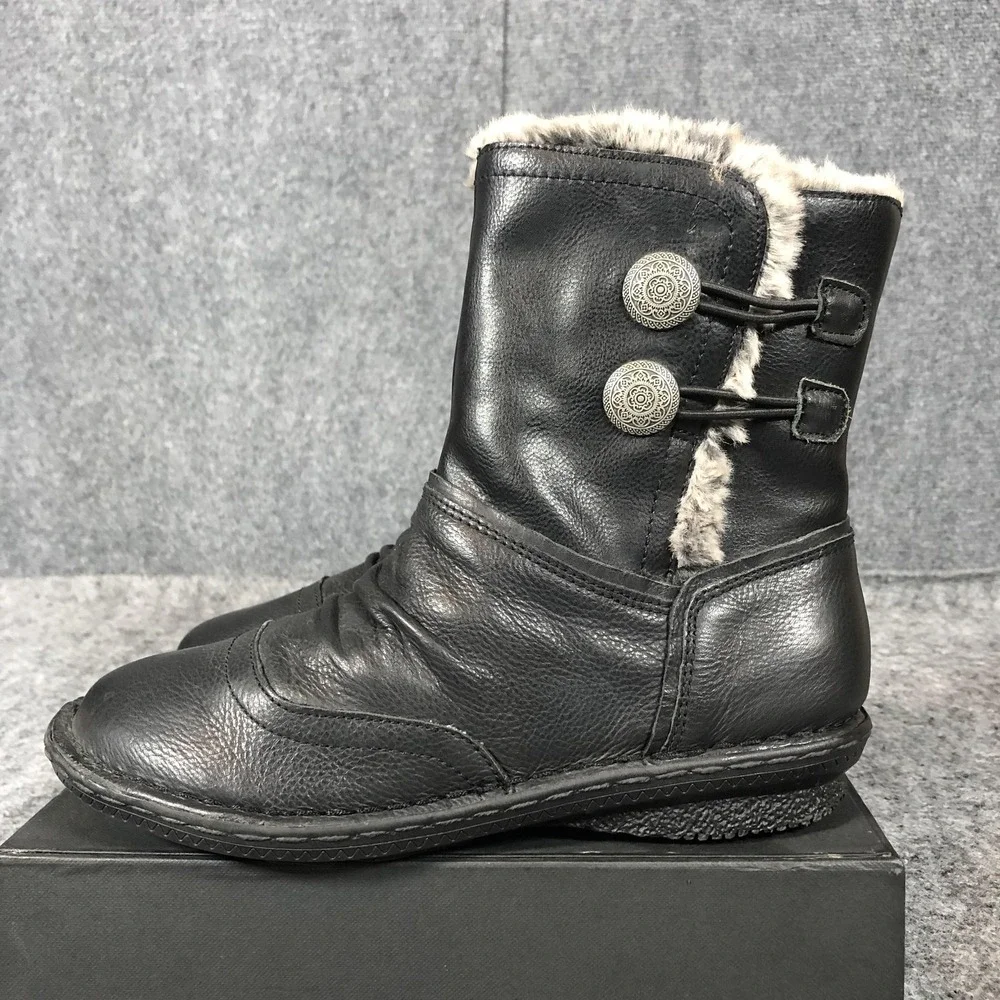 Tara M Boots Womens Size 7.5 Black Leather Ankle Faux Fur Lined Wedge Winter‎